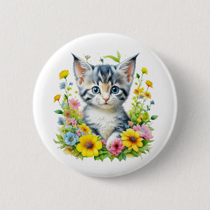 Badge Rond 5 Cm Aquarelle Kitten Fleurs Noël