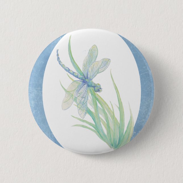 Badge Rond 5 Cm Aquarelle libellule en bleu et vert Art de la natu (Devant)