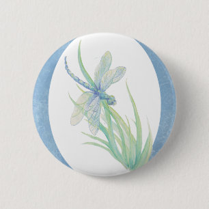 Badge Rond 5 Cm Aquarelle libellule en bleu et vert Art de la natu