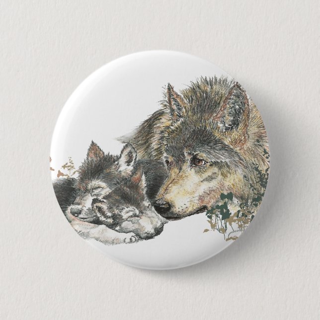 Badge Rond 5 Cm Aquarelle Mère Wolf & Cubs Animal Art (Devant)