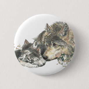 Badge Rond 5 Cm Aquarelle Mère Wolf & Cubs Animal Art