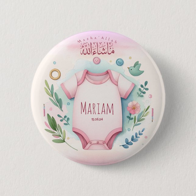 Badge Rond 5 Cm Aquarelle mignonne Floral Mashallah islamique bébé (Devant)