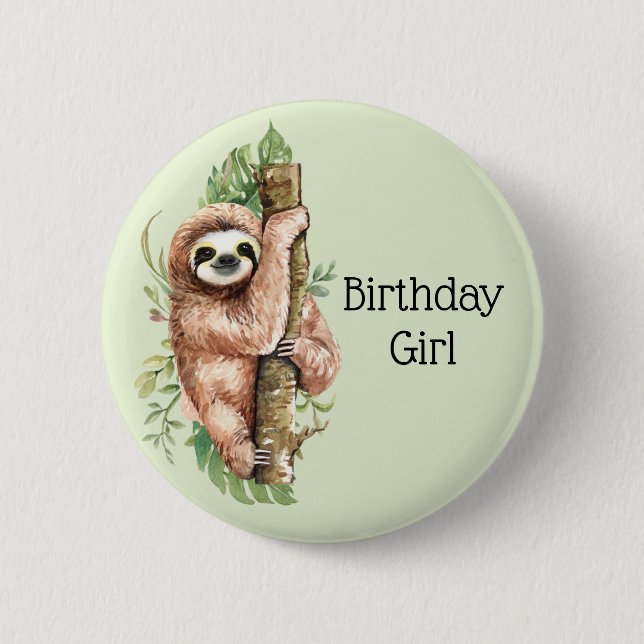 Badge Rond 5 Cm Aquarelle mignonne Sloth Anniversaire fille (Devant)