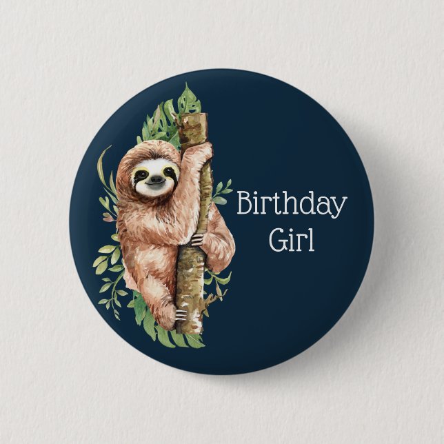 Badge Rond 5 Cm Aquarelle mignonne Sloth Anniversaire fille (Devant)