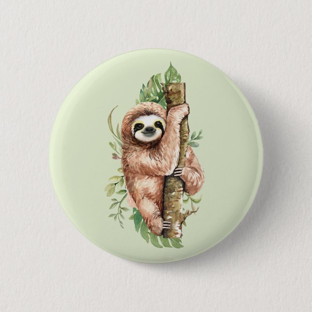 Badge Rond 5 Cm Aquarelle mignonne Sloth & Feuilles tropicaux (Devant)