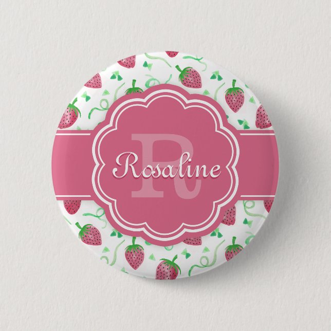 Badge Rond 5 Cm Aquarelle Motif fraise avec Monogramme (Devant)
