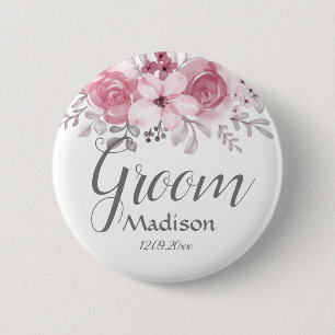 Badge Rond 5 Cm Aquarelle romantique Florales roses M & Mme Mariag