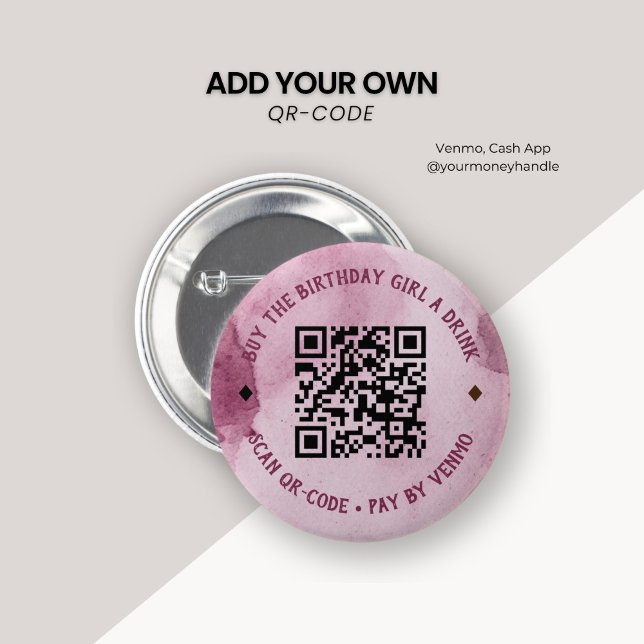 Badge Rond 5 Cm Aquarelle rose Acheter Anniversaire Fille Boire QR (Créateur téléchargé)