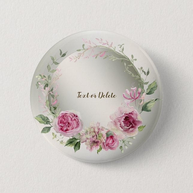 Badge Rond 5 Cm Aquarelle rose cadre floral brillant Bronze élégan (Devant)