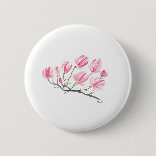 Badge Rond 5 Cm Aquarelle rose Magnolia Nature Botanique Floral