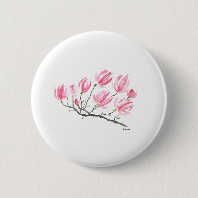 Badge Rond 5 Cm Aquarelle rose Magnolia Nature Botanique Floral (Devant)
