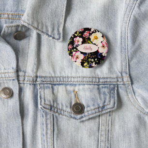 Badge Rond 5 Cm Aquarelle rose Roses jaunes sur noir, Monogramme