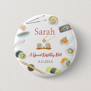 Badge Rond 5 Cm Aquarelle Sushi et Sashimi Anniversaire Blanc