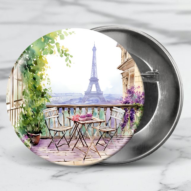 Badge Rond 5 Cm Aquarelle Tour Eiffel Paris Café français (Créateur téléchargé)