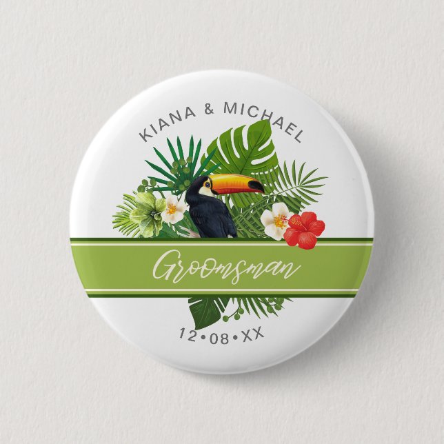 Badge Rond 5 Cm Aquarelle Tropical avec groom Toucan vert ID577 (Devant)