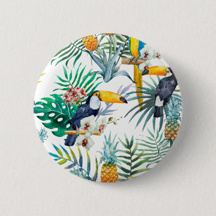 Badge Rond 5 Cm Aquarelle tropicale d'oiseau de perroquet d'ananas