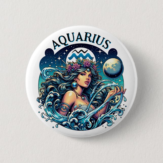 Badge Rond 5 Cm Aquarius Water Bearer Beautiful Woman Astrology  (Devant)