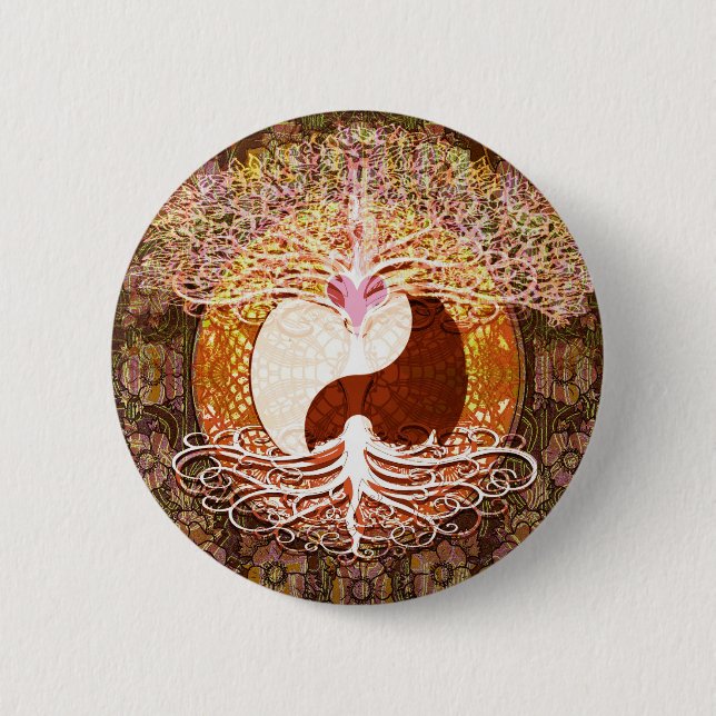 Badge Rond 5 Cm Arbre de coeur de Ying Yang de la vie (Devant)