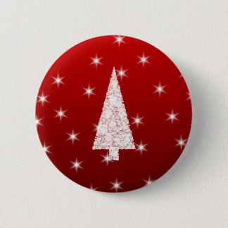 Badge Rond 5 Cm Arbre de Noël blanc avec des étoiles sur le rouge