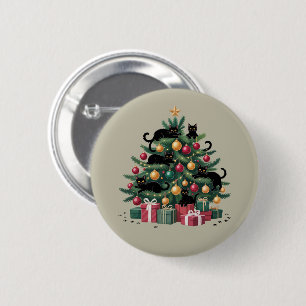 Badge Rond 5 Cm Arbre de Noël Chats Noirs Amoureux de Chats Lumièr