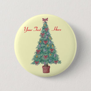 Badge Rond 5 Cm arbre de noël décoré avec cloches à arcs rouge