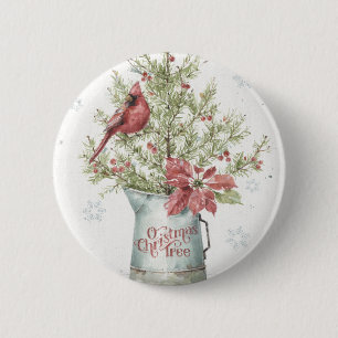 Badge Rond 5 Cm Arbre de Noël fermier avec cardinal