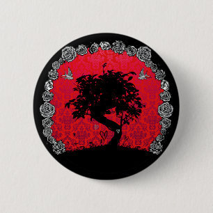 Badge Rond 5 Cm Arbre rose de bonsaïs de tatouage d'hirondelle