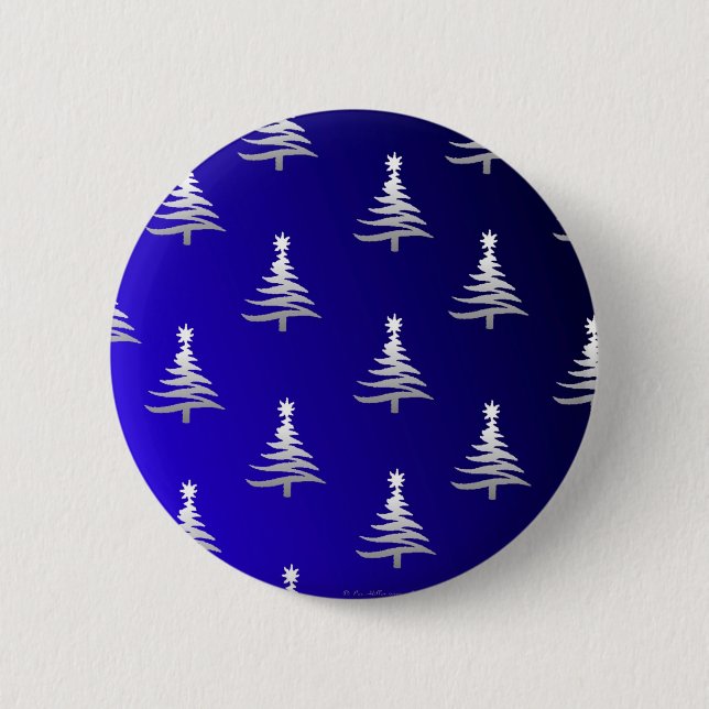 Badge Rond 5 Cm Arbres de Noël Argent sur Bleu Cobalt (Devant)