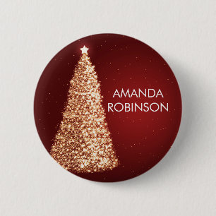 Badge Rond 5 Cm Arbres de Noël élégants d'or rouges