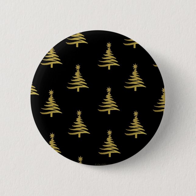 Badge Rond 5 Cm Arbres de Noël en or sur noir (Devant)