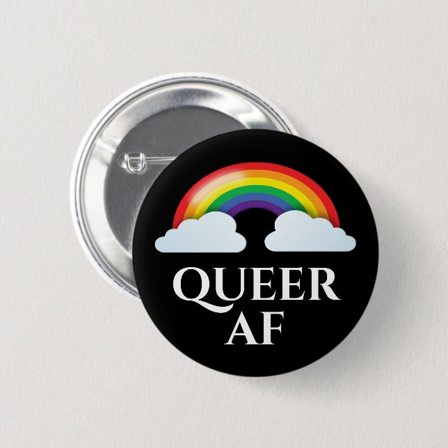 Badge Rond 5 Cm Arc-en-ciel et nuages 'Queer AF' (Devant & derrière)