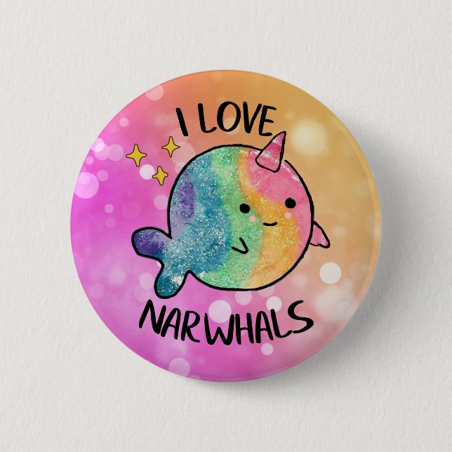 Badge Rond 5 Cm Arc-en-ciel Étincelle I Love Narwhals (Devant)