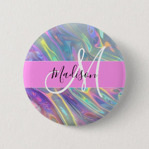 Badge Rond 5 Cm Arc-en-ciel Girly Holographique Iridescent Monogra