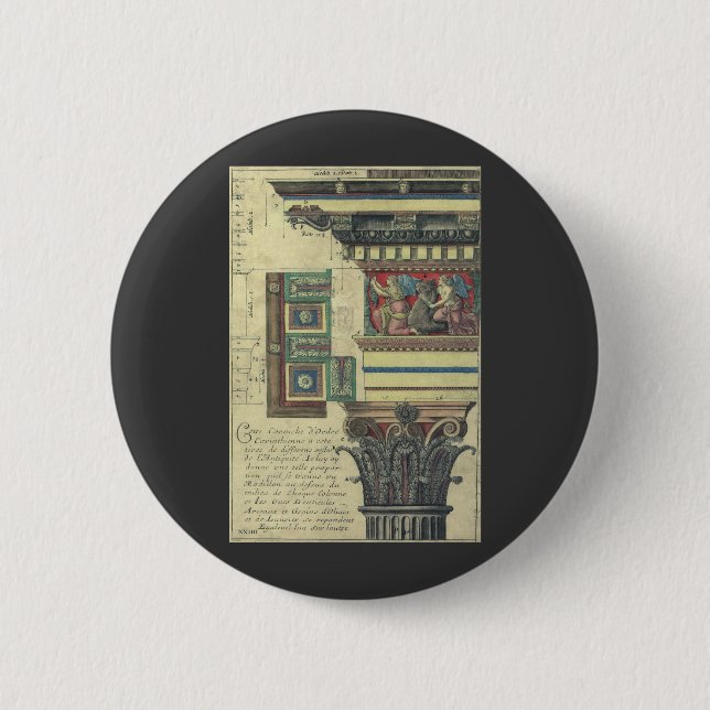 Badge Rond 5 Cm Architecture Ancienne, Colonne avec Moulure de Cor (Devant)