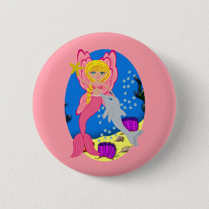 Badge Rond 5 Cm Ariel the Pink Merfaery and Dolphin Button