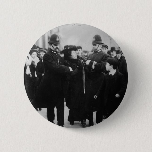 Badge Rond 5 Cm Arrestation d'une suffragette à Londres Angleterre (Devant)
