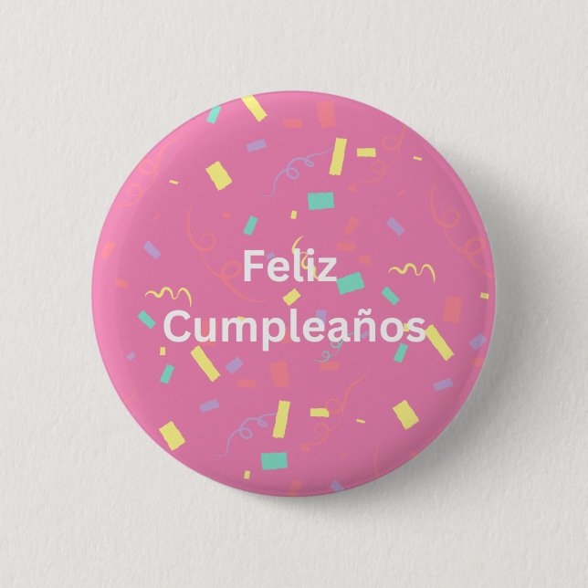 Badge Rond 5 Cm Arrière - plan de Confetti rose Feliz Cumpleaños (Devant)
