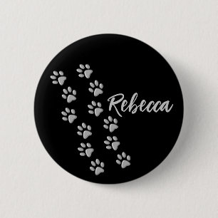 Badge Rond 5 Cm Arrière - plan noir Silver Dog Paws Motif d'impres