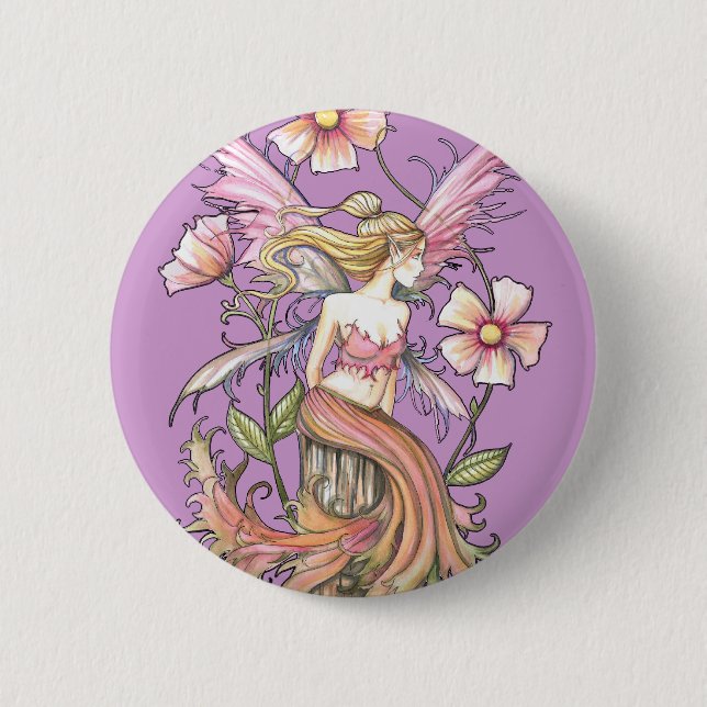 Badge Rond 5 Cm Art de Fée Fleur Rose (Devant)