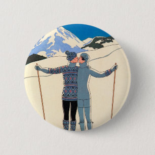 Badge Rond 5 Cm Art Déco vintage, Amants en Neige par George Barbi