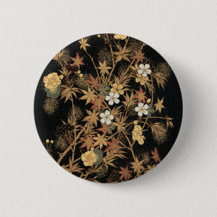 Badge Rond 5 Cm Art floral automnal noir doré vintage japonais