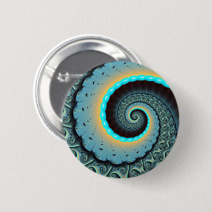 Badge Rond 5 Cm Art fractal abstrait bleu turquoise orange en spir