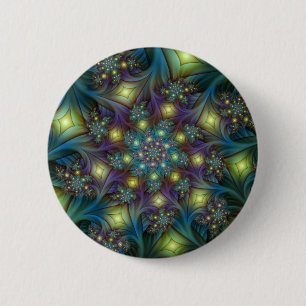 Badge Rond 5 Cm Art fractal abstrait illuminé brillant sarcelle vi