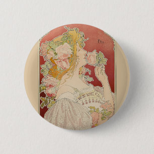 Badge Rond 5 Cm Art Nouveau Belle Époque Dame Roses Livemont
