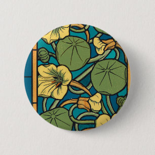Badge Rond 5 Cm Art Nouveau Nasturtium Bleu Or floral Verneuil