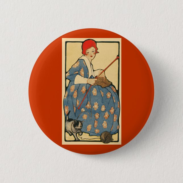 Badge Rond 5 Cm Art Nouveau - tricot de fille avec son chat (Devant)