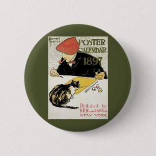 Badge Rond 5 Cm Art Nouveau vintage, artiste peignant avec son cha