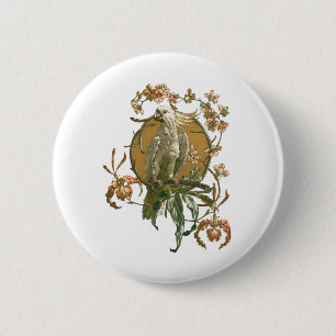 Badge Rond 5 Cm Art Nouveau vintage, Cockatoo Bird, Fleurs d'orchi
