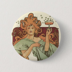Badge Rond 5 Cm Art Nouveau vintage par Mucha, Champagne Party