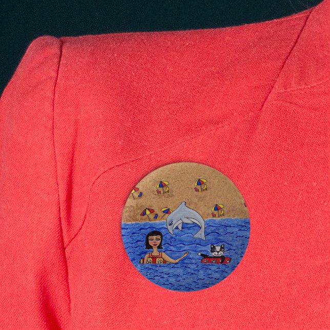 Badge Rond 5 Cm Art populaire Lady Cat Beach Océan Dauphin natatio (Woman with cat inner tubes in ocean with jumping grey dolphin beach umbrellas on pin back button.)